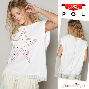 POL Star Patch Studded Lace Hem Sleeveless Round Neck Loose Fit T-Shirt | White